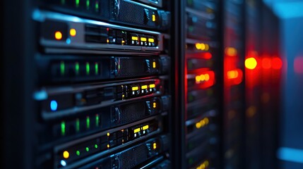 Naklejka premium Powerful Server Rack Data Center Technology Close Up