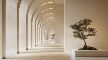 Fototapeta premium Minimalist hallway with arched doorways, tatami mats, and bonsai tree.