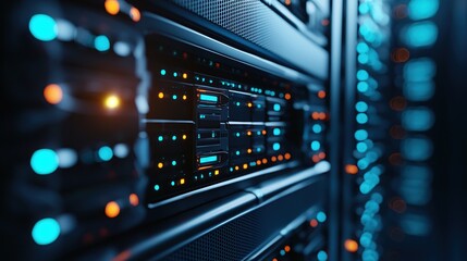Fototapeta premium Illuminated Data Center Server Racks Modern Technology Network