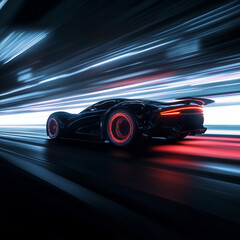high tech fast, sports car, futuristic, speeding down the road low angle racing, dark gray,