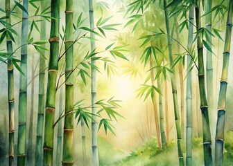 Green bamboo leaves and stalks watercolor illustration, isolated on white background.