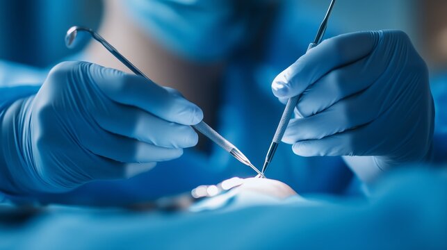 Gloved hands of a surgeon performing a delicate microsurgical procedure with specialized instruments, showcasing precision and expertise in a sterile operating room