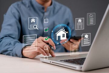 Online housing market and real estate innovation. A professional using digital tools for home...