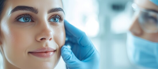 Doctor wearing blue gloves examining face skin of young smiling woman in beauty clinic, concept of skincare, beauty treatment, plastic surgery, aesthetic medicine