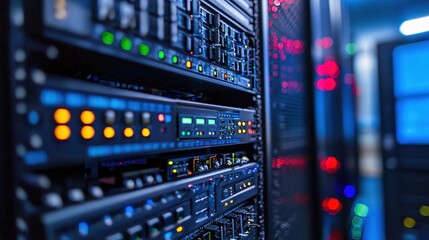 Fototapeta premium Data Center Server Rack Technology Close Up Modern Network Infrastructure