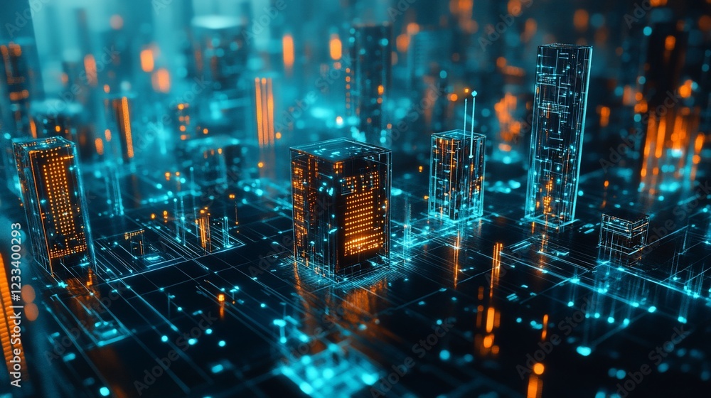 Poster digital cityscape: a futuristic network of light and data with glowing structures