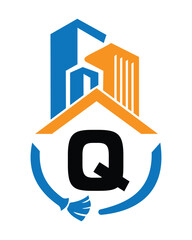 Initial Letter Q Industrial Cleaning Logo Concept With Cleaning Brush and Building Symbol. Broom Sign