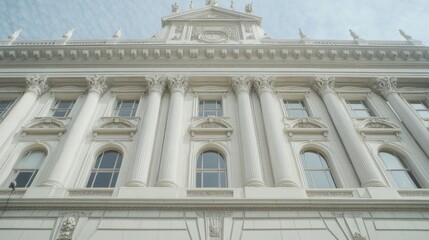 Obraz premium Majestic architectural facade showcasing intricate columns and windows under a cloudy sky