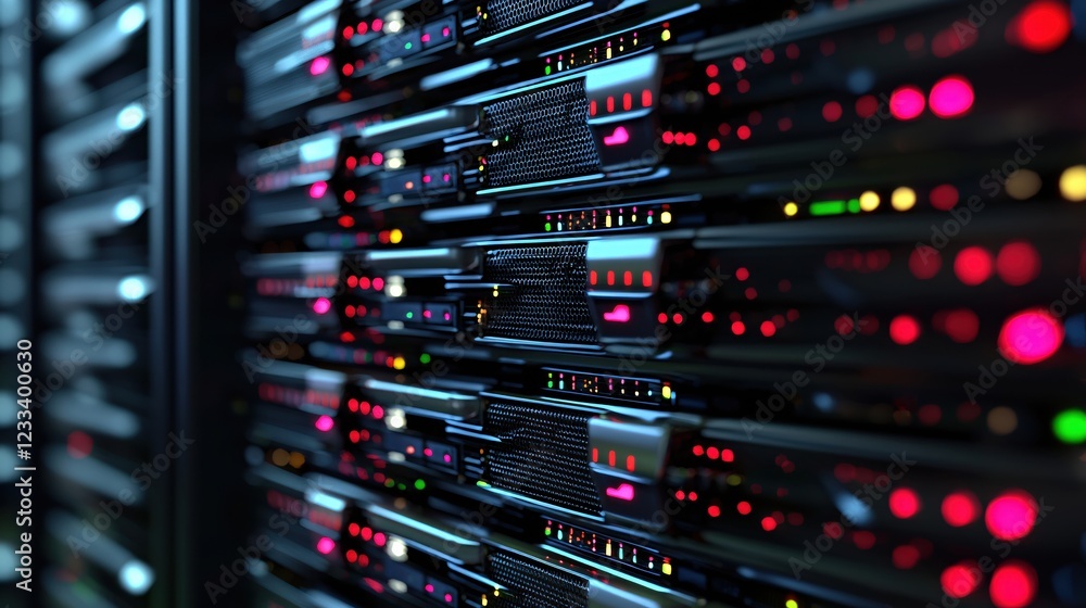 Poster data center server rack modern technology illuminated network infrastructure