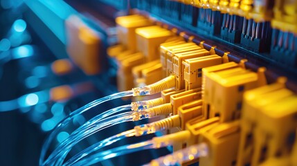 Fototapeta premium Fiber Optic Network Cables Connected to Server Racks in Data Center