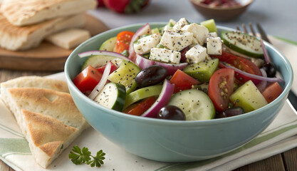 Fresh Greek salad with feta cheese and olives in blue bowl