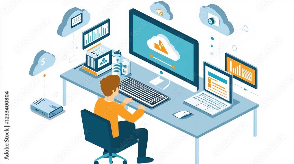 Poster modern workplace cloud computing data analysis businessman working remotely online