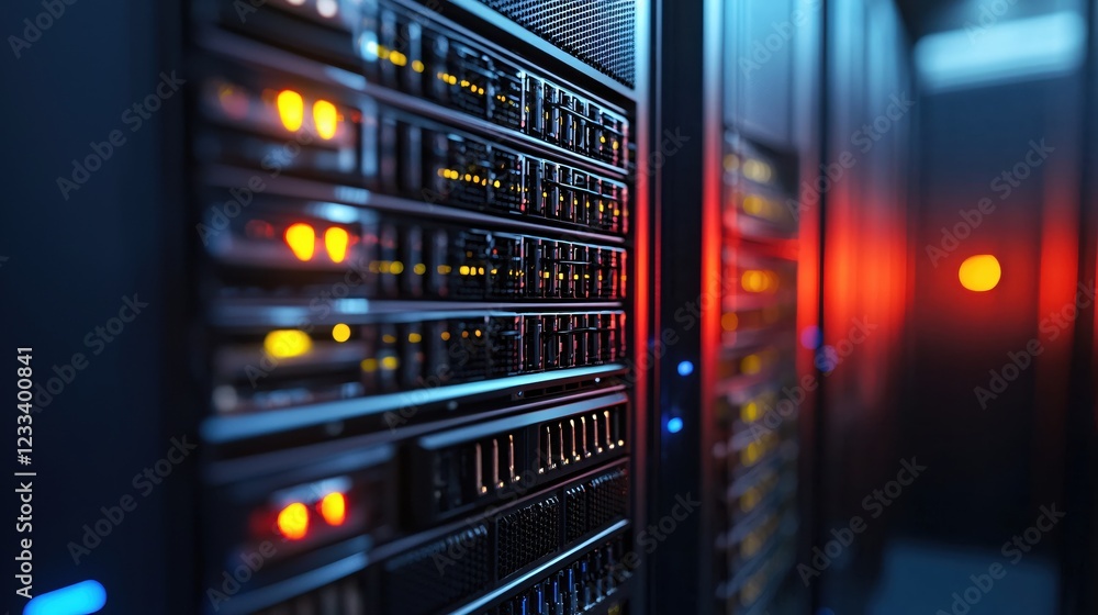 Poster powerful server racks in a modern data center with bright lights