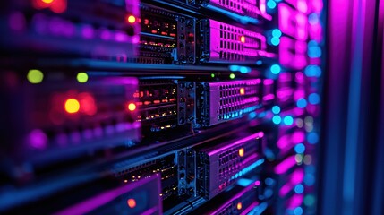 Fototapeta premium Vibrant Server Rack Data Center Technology Closeup