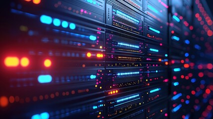 Vibrant Data Center Server Rack with Neon Lights Technology