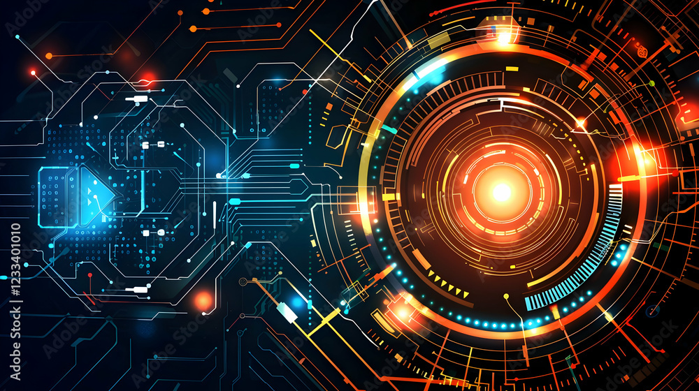 Poster abstract digital design featuring circuit patterns and a glowing central element.