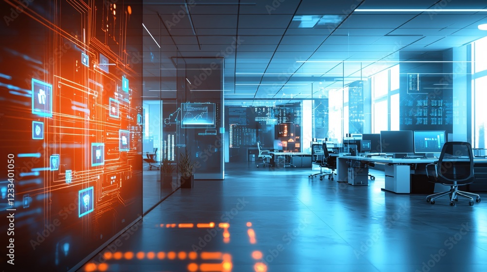 Poster modern tech office workspace digital innovation data network