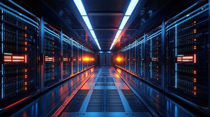 Obraz premium Futuristic Server Room Corridor Neon Lights Technology Data Center
