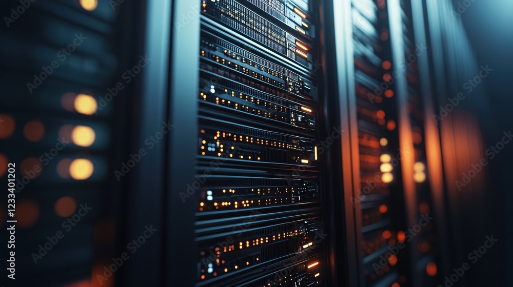 Poster illuminated server racks in modern data center technology