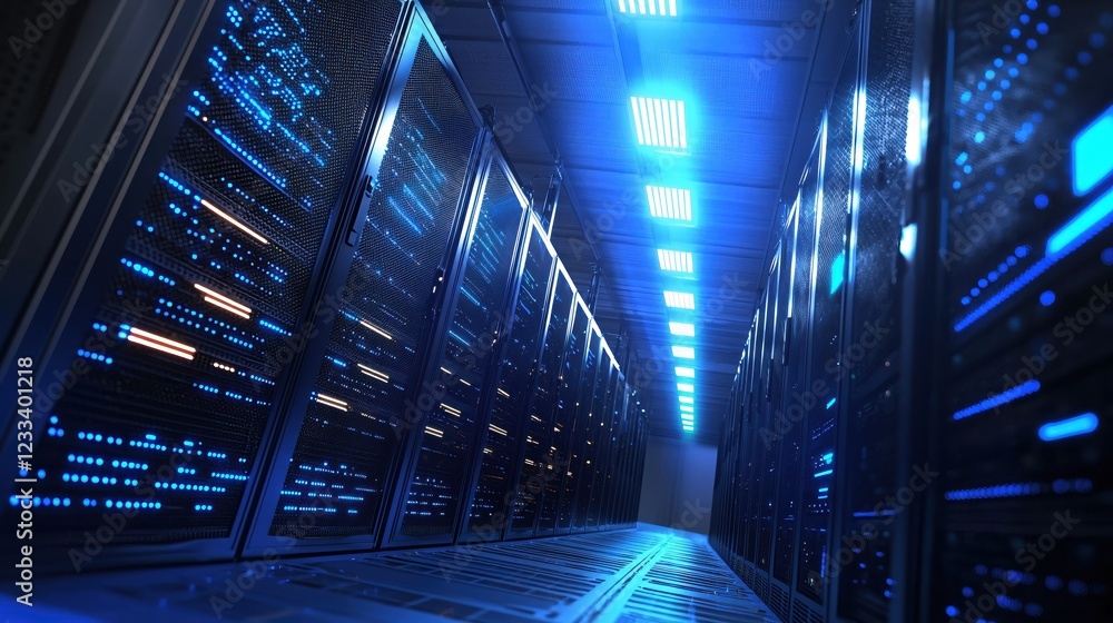 Poster modern data center server room technology network infrastructure