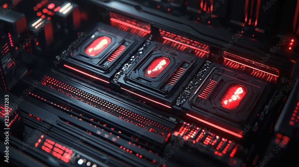 Poster futuristic technology red glowing circuit board computer hardware