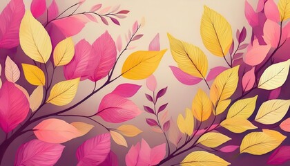 Fototapeta premium Vibrant Pink and Yellow Leaves on Branches A Radiant Display Amidst Winter Landscape, Embracing the Warmth of Natures Palette