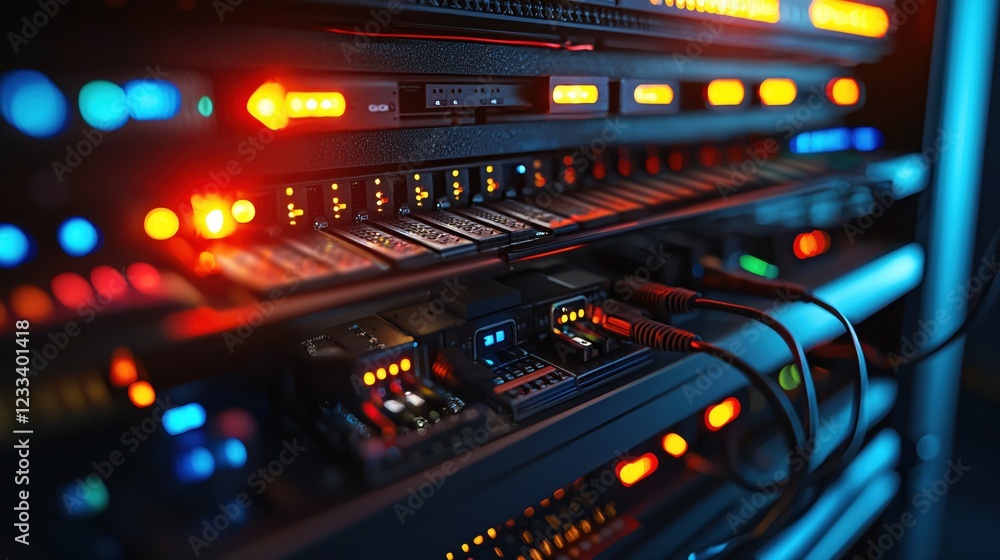 Poster modern server rack technology illuminated data center network infrastructure