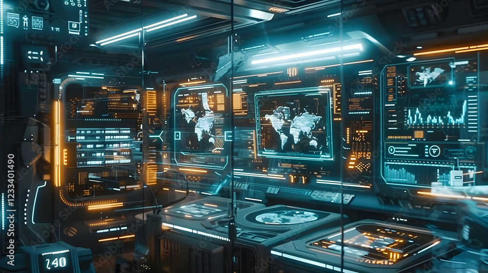 Poster futuristic control room with digital displays and maps for monitoring and analysis.