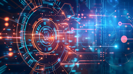 Obraz premium Abstract digital interface with glowing lines and circular patterns representing technology.