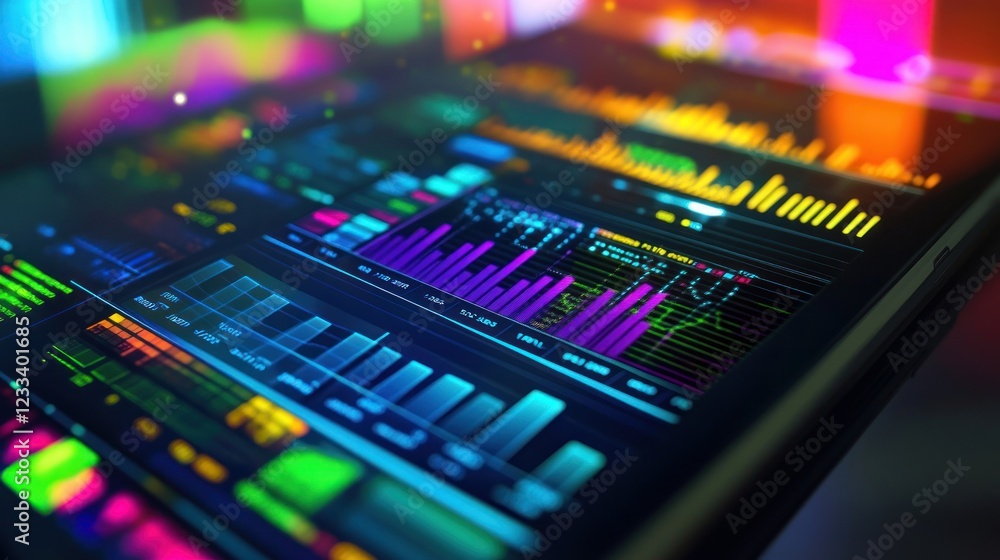 Poster vibrant data visualization on a tablet: a futuristic display of financial charts and graphs