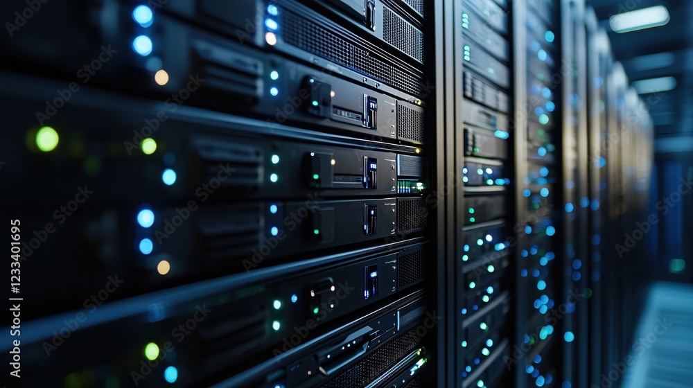 Poster modern data center server room technology infrastructure network