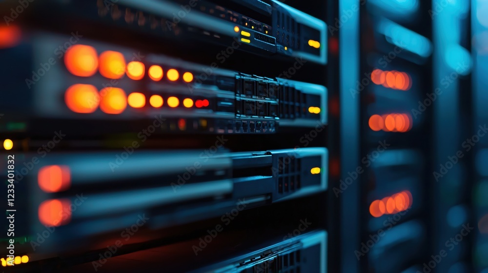 Poster illuminated server rack modern data center technology infrastructure
