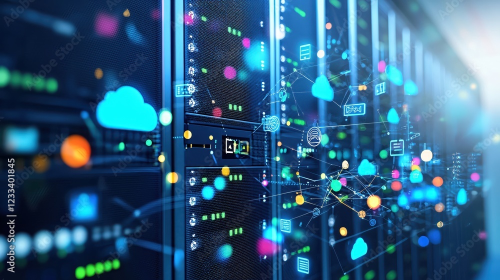 Poster modern data center server room network technology cloud computing