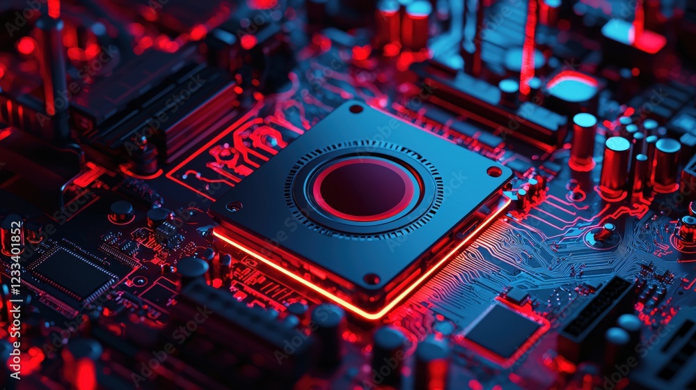 Poster red neon glow on tech circuit board closeup detailed computer hardware technology