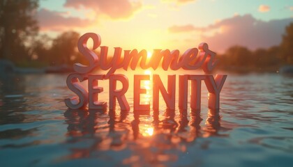 Summer serenity text title on the water. Concept of vacation, relaxation, and travel.