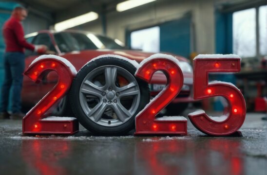 Snowcovered 2015 numbers in front of a festive car repair shop with tools and a red car in background.