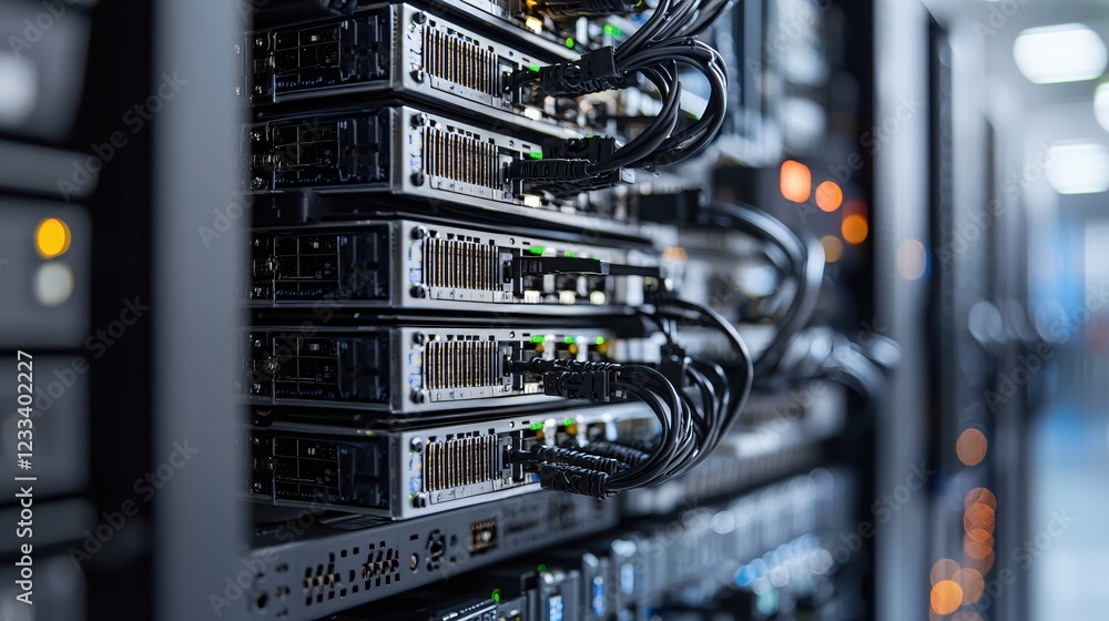 Aufkleber data center server rack network technology infrastructure close up
