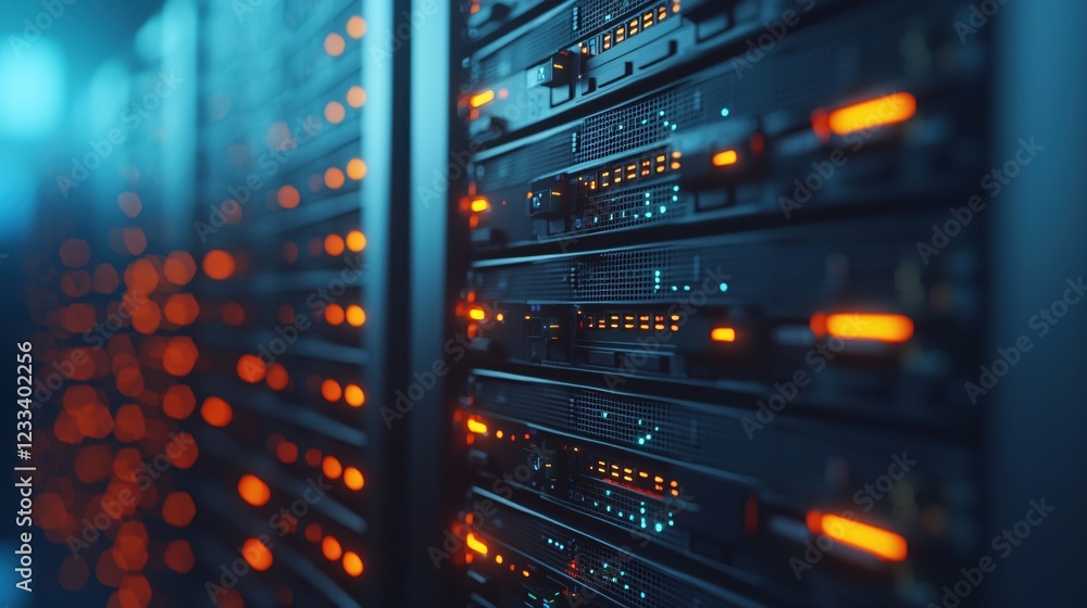Poster powerful server rack network technology data center glow