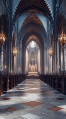 Grand cathedral interior, serene light.