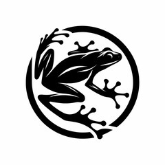 Leaping Xenopus silhouette, framed within a circular design, showcasing its distinctive form and movement