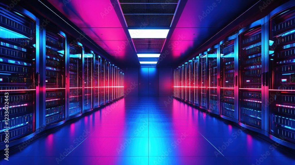Poster neon lit data center servers rows technology infrastructure