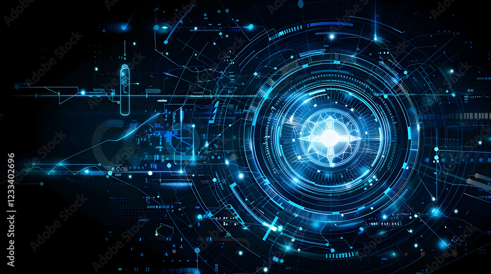 Poster abstract digital design featuring blue light patterns and circular elements, symbolizing technology.