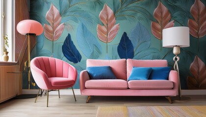 Elegant Living Room Interiors Spacious Space Filled with Pink Chair, Blue Sofa, Leaves Wallpaper, and Lamp Perfect for Interior Design Inspiration
