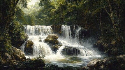 Obraz premium Lush rainforest waterfall cascading over rocks, tranquil pool, green canopy background; nature scene