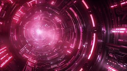 Obraz premium A futuristic tunnel with glowing pink lights and intricate patterns, suggesting advanced technology.