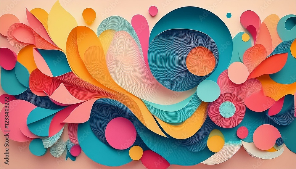 Poster playful digital abstract design with layered, paper-cutout-style elements in bright and cheerful col