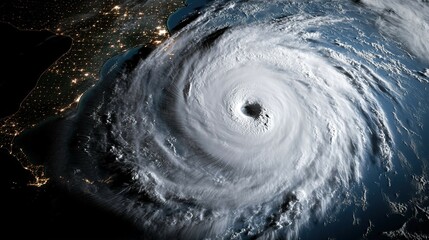 A satellite view of a massive hurricane spiraling over the ocean, illuminated by moonlight, with city lights twinkling along the coastline below.