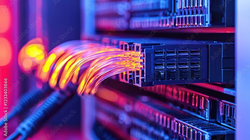 Poster Vibrant Network Cables Connected to Server Rack Modern Technology Data Center Infrastructure