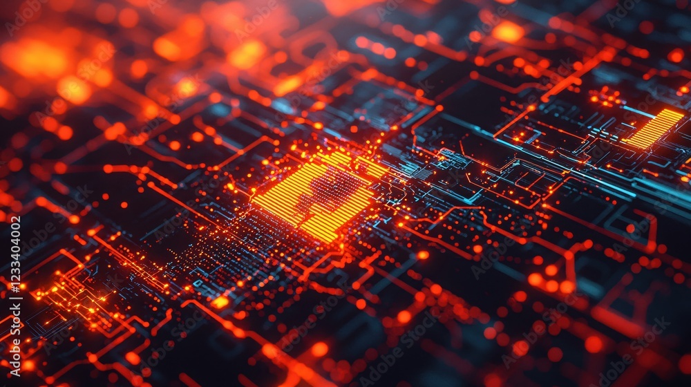 Poster abstract digital circuit board glowing orange lines technology background