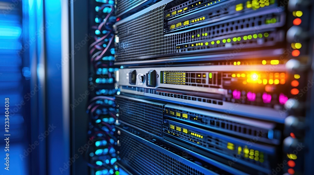 Poster modern server rack data center technology blue light network